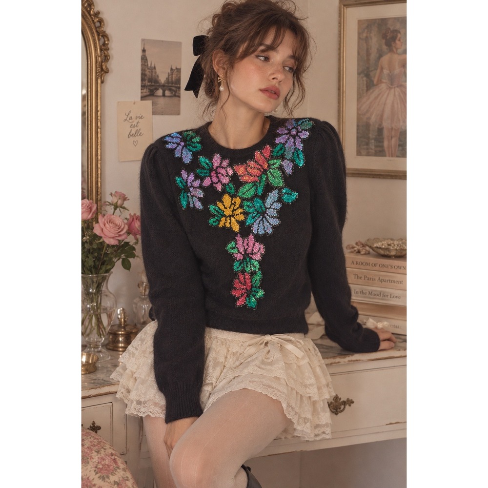 VTG 90s Sequin Floral Silk Angora Sweater Women L Black Puff Sleeve Whimsy Glam